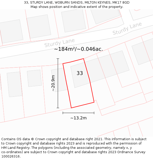 33, STURDY LANE, WOBURN SANDS, MILTON KEYNES, MK17 8GD: Plot and title map