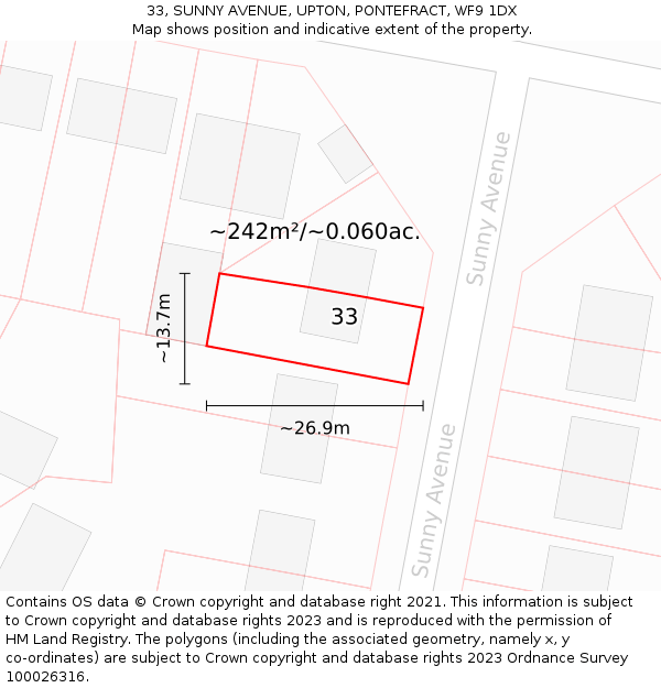 33, SUNNY AVENUE, UPTON, PONTEFRACT, WF9 1DX: Plot and title map