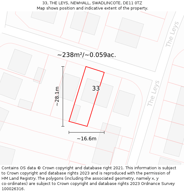 33, THE LEYS, NEWHALL, SWADLINCOTE, DE11 0TZ: Plot and title map