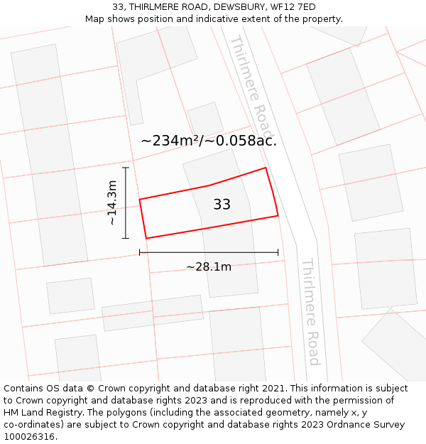 33, THIRLMERE ROAD, DEWSBURY, WF12 7ED: Plot and title map