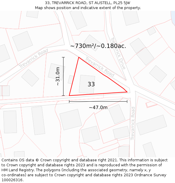 33, TREVARRICK ROAD, ST AUSTELL, PL25 5JW: Plot and title map