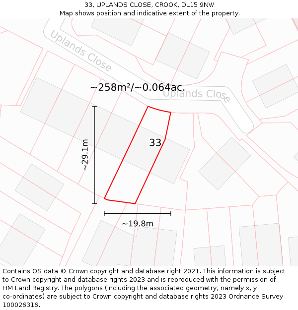 33, UPLANDS CLOSE, CROOK, DL15 9NW: Plot and title map
