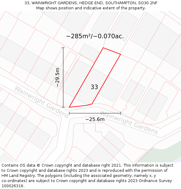 33, WAINWRIGHT GARDENS, HEDGE END, SOUTHAMPTON, SO30 2NF: Plot and title map