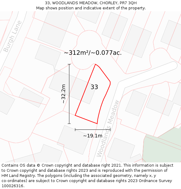 33, WOODLANDS MEADOW, CHORLEY, PR7 3QH: Plot and title map