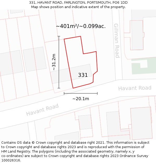 331, HAVANT ROAD, FARLINGTON, PORTSMOUTH, PO6 1DD: Plot and title map