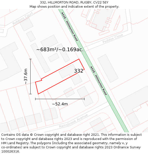 332, HILLMORTON ROAD, RUGBY, CV22 5EY: Plot and title map