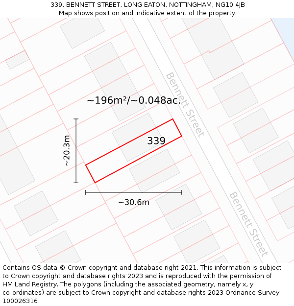 339, BENNETT STREET, LONG EATON, NOTTINGHAM, NG10 4JB: Plot and title map