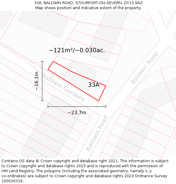 33A, BALDWIN ROAD, STOURPORT-ON-SEVERN, DY13 9AZ: Plot and title map