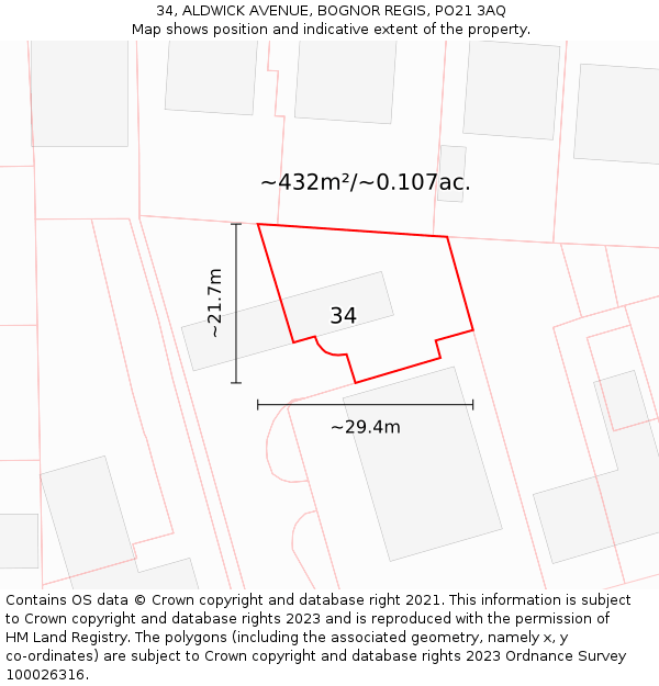 34, ALDWICK AVENUE, BOGNOR REGIS, PO21 3AQ: Plot and title map