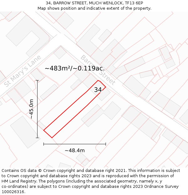 34, BARROW STREET, MUCH WENLOCK, TF13 6EP: Plot and title map