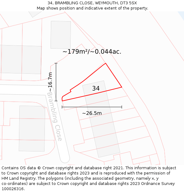 34, BRAMBLING CLOSE, WEYMOUTH, DT3 5SX: Plot and title map