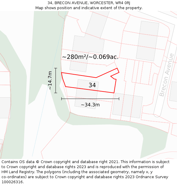 34, BRECON AVENUE, WORCESTER, WR4 0RJ: Plot and title map