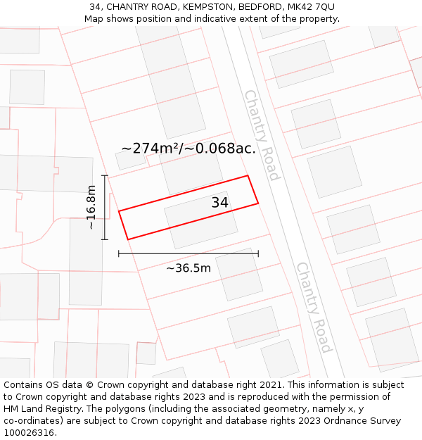 34, CHANTRY ROAD, KEMPSTON, BEDFORD, MK42 7QU: Plot and title map