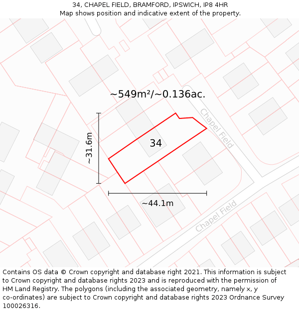 34, CHAPEL FIELD, BRAMFORD, IPSWICH, IP8 4HR: Plot and title map