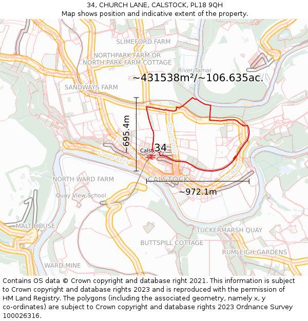 34, CHURCH LANE, CALSTOCK, PL18 9QH: Plot and title map