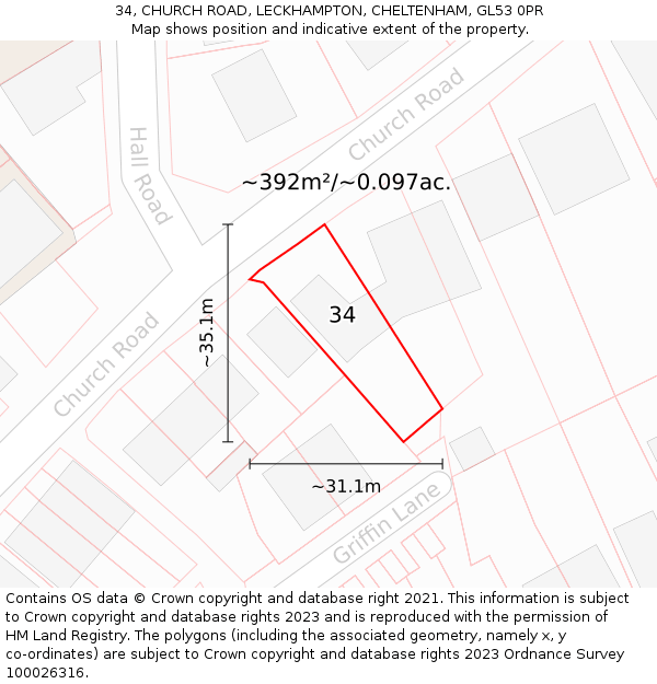 34, CHURCH ROAD, LECKHAMPTON, CHELTENHAM, GL53 0PR: Plot and title map