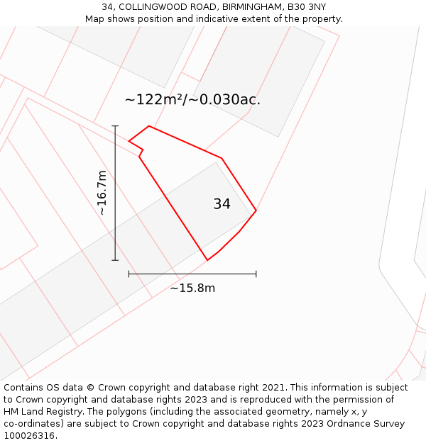 34, COLLINGWOOD ROAD, BIRMINGHAM, B30 3NY: Plot and title map