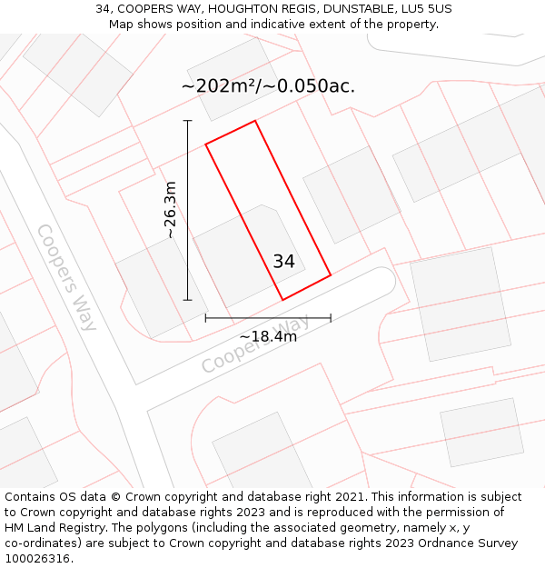 34, COOPERS WAY, HOUGHTON REGIS, DUNSTABLE, LU5 5US: Plot and title map