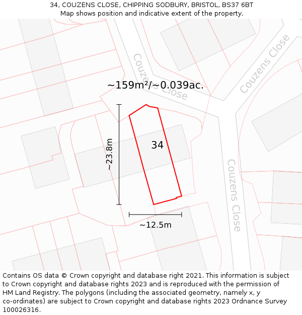 34, COUZENS CLOSE, CHIPPING SODBURY, BRISTOL, BS37 6BT: Plot and title map