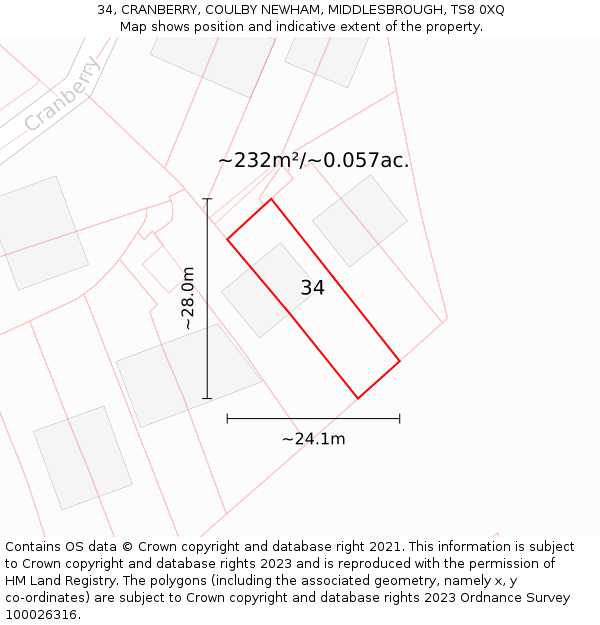 34, CRANBERRY, COULBY NEWHAM, MIDDLESBROUGH, TS8 0XQ: Plot and title map