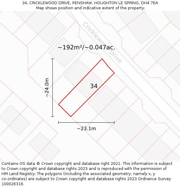 34, CRICKLEWOOD DRIVE, PENSHAW, HOUGHTON LE SPRING, DH4 7EA: Plot and title map