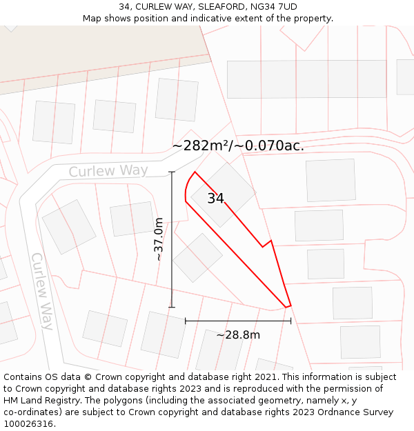 34, CURLEW WAY, SLEAFORD, NG34 7UD: Plot and title map