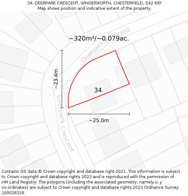 34, DEERPARK CRESCENT, WINGERWORTH, CHESTERFIELD, S42 6XF: Plot and title map