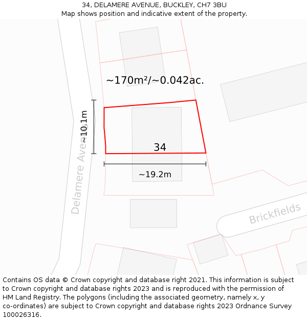 34, DELAMERE AVENUE, BUCKLEY, CH7 3BU: Plot and title map