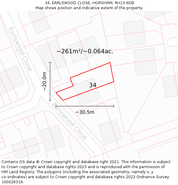 34, EARLSWOOD CLOSE, HORSHAM, RH13 6DB: Plot and title map