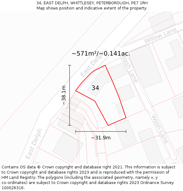 34, EAST DELPH, WHITTLESEY, PETERBOROUGH, PE7 1RH: Plot and title map