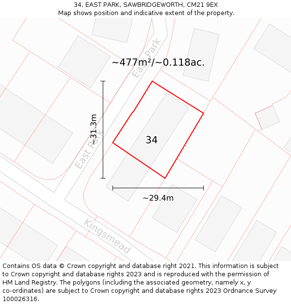 34, EAST PARK, SAWBRIDGEWORTH, CM21 9EX: Plot and title map