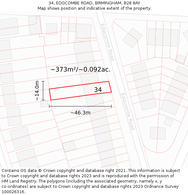 34, EDGCOMBE ROAD, BIRMINGHAM, B28 8AY: Plot and title map