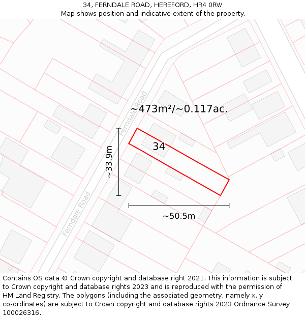 34, FERNDALE ROAD, HEREFORD, HR4 0RW: Plot and title map