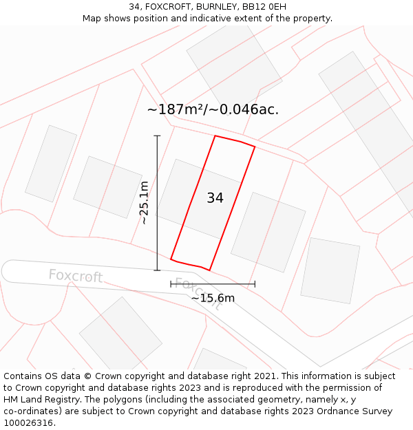 34, FOXCROFT, BURNLEY, BB12 0EH: Plot and title map