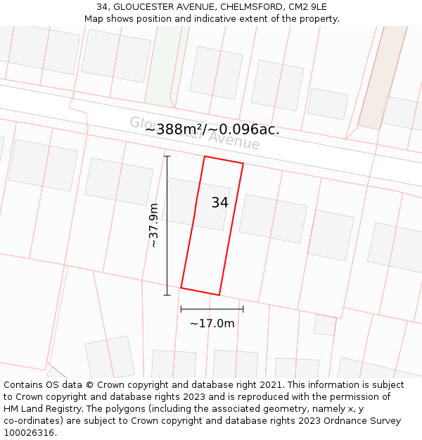 34, GLOUCESTER AVENUE, CHELMSFORD, CM2 9LE: Plot and title map