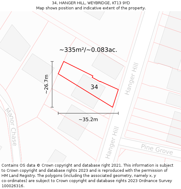 34, HANGER HILL, WEYBRIDGE, KT13 9YD: Plot and title map