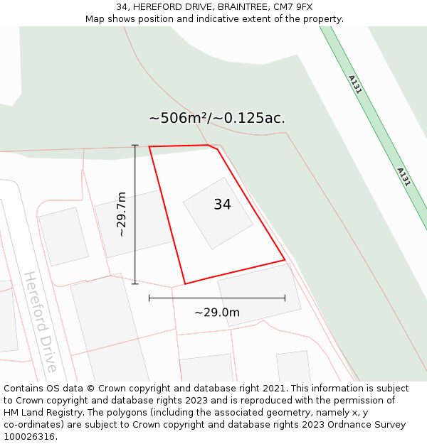 34, HEREFORD DRIVE, BRAINTREE, CM7 9FX: Plot and title map