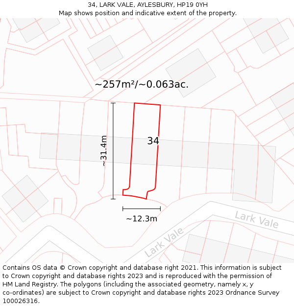 34, LARK VALE, AYLESBURY, HP19 0YH: Plot and title map