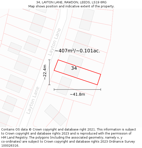 34, LAYTON LANE, RAWDON, LEEDS, LS19 6RG: Plot and title map