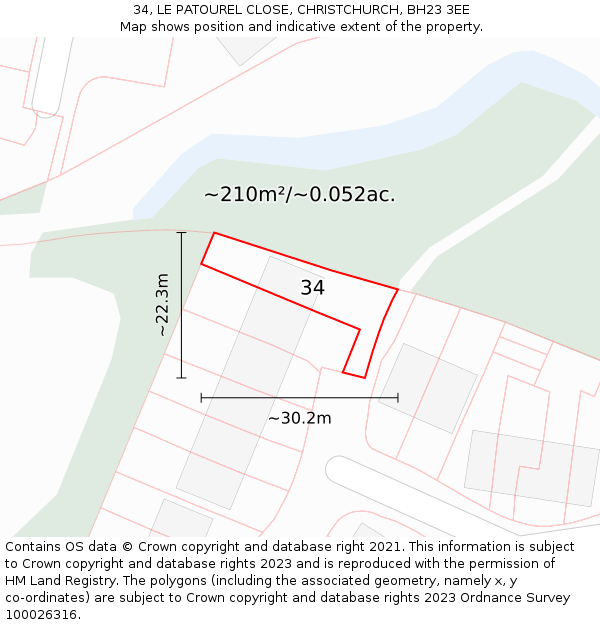 34, LE PATOUREL CLOSE, CHRISTCHURCH, BH23 3EE: Plot and title map