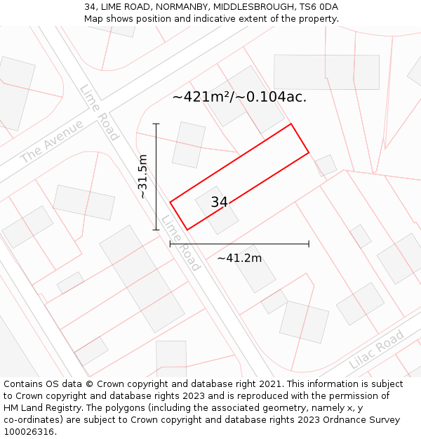 34, LIME ROAD, NORMANBY, MIDDLESBROUGH, TS6 0DA: Plot and title map