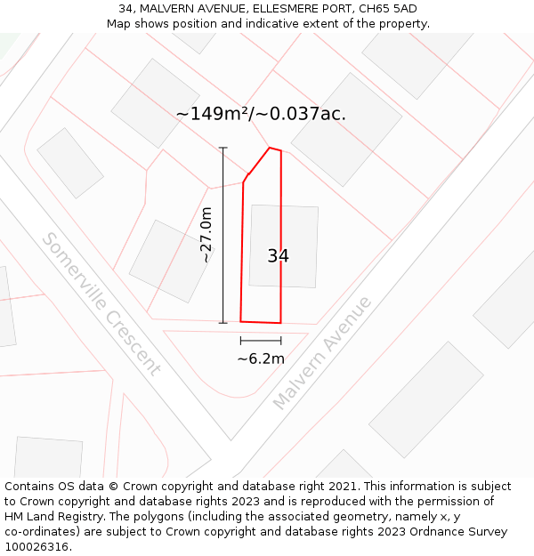 34, MALVERN AVENUE, ELLESMERE PORT, CH65 5AD: Plot and title map