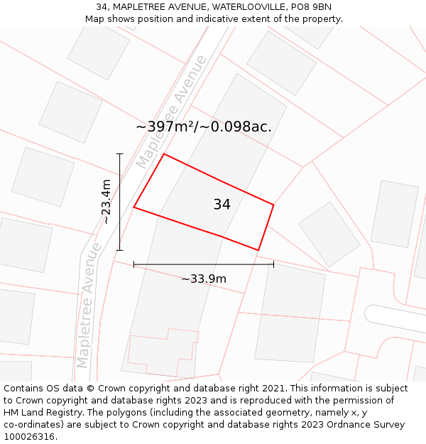 34, MAPLETREE AVENUE, WATERLOOVILLE, PO8 9BN: Plot and title map