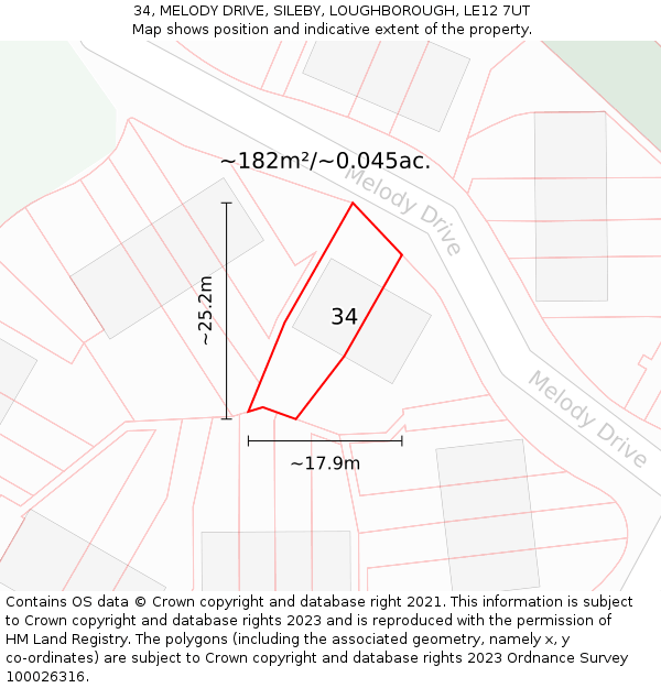 34, MELODY DRIVE, SILEBY, LOUGHBOROUGH, LE12 7UT: Plot and title map