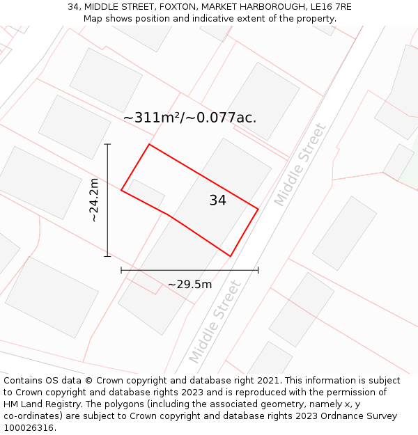 34, MIDDLE STREET, FOXTON, MARKET HARBOROUGH, LE16 7RE: Plot and title map