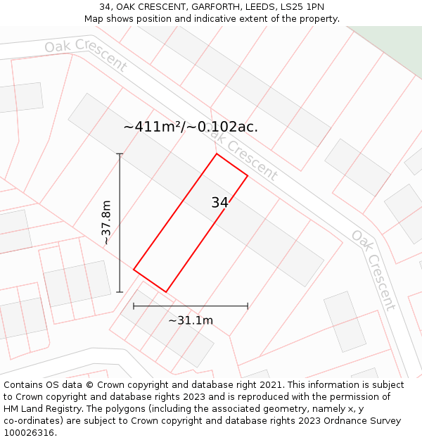 34, OAK CRESCENT, GARFORTH, LEEDS, LS25 1PN: Plot and title map