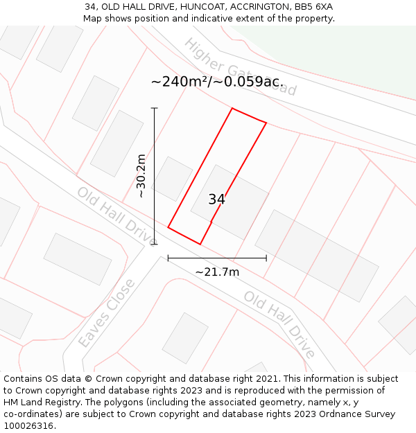 34, OLD HALL DRIVE, HUNCOAT, ACCRINGTON, BB5 6XA: Plot and title map