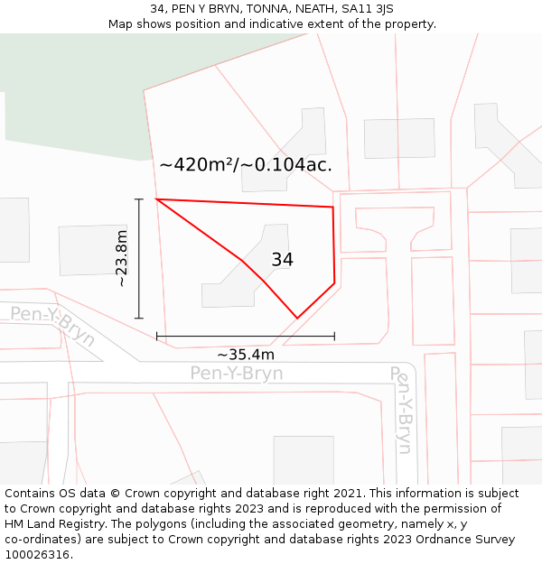 34, PEN Y BRYN, TONNA, NEATH, SA11 3JS: Plot and title map