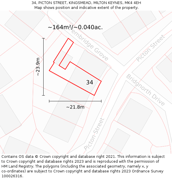 34, PICTON STREET, KINGSMEAD, MILTON KEYNES, MK4 4EH: Plot and title map