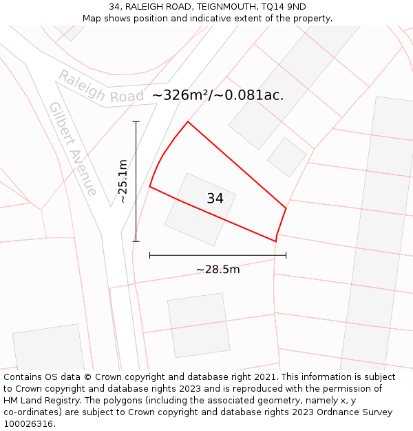 34, RALEIGH ROAD, TEIGNMOUTH, TQ14 9ND: Plot and title map